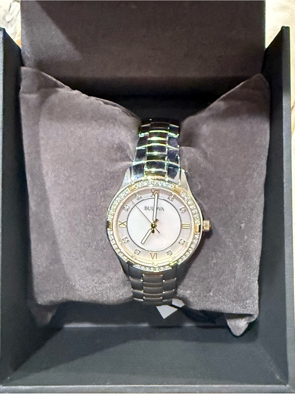 Bulova Two-Tone Silver and Gold Women's Bracelet Watch with Crystal Bezel (NEW)